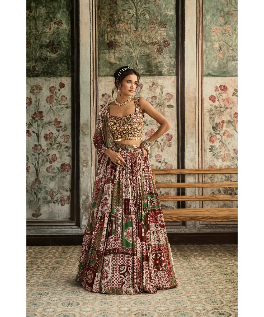 DIYARAJVVIR - Sage-Maroon Print and Highlighted Square Neck Blouse with Lehenga Set